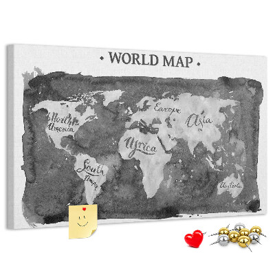 Tablero de corcho decorado Mapa del mundo en tonos de gris