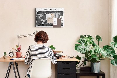 Tablero de corcho decorado Mapa del mundo en tonos de gris