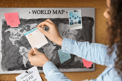 Tablero de corcho decorado Mapa del mundo en tonos de gris