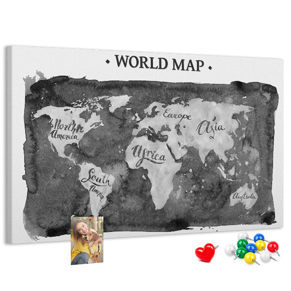 Tablero de corcho decorado Mapa del mundo en tonos de gris