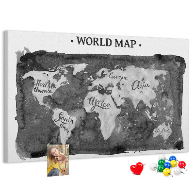 Tablero de corcho decorado Mapa del mundo en tonos de gris
