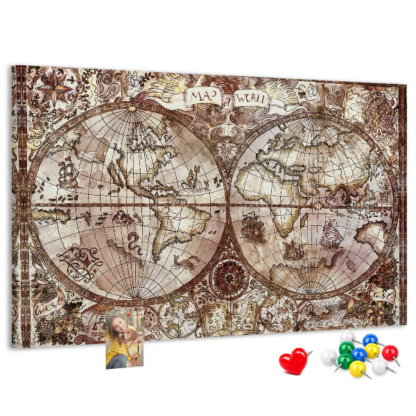 Tablero de anuncios mapa del mundo antiguo con motivos náuticos