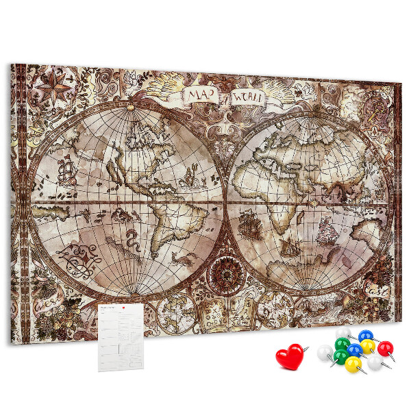 Tablero de anuncios mapa del mundo antiguo con motivos náuticos
