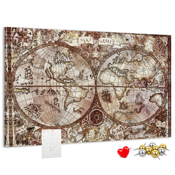 Tablero de anuncios mapa del mundo antiguo con motivos náuticos