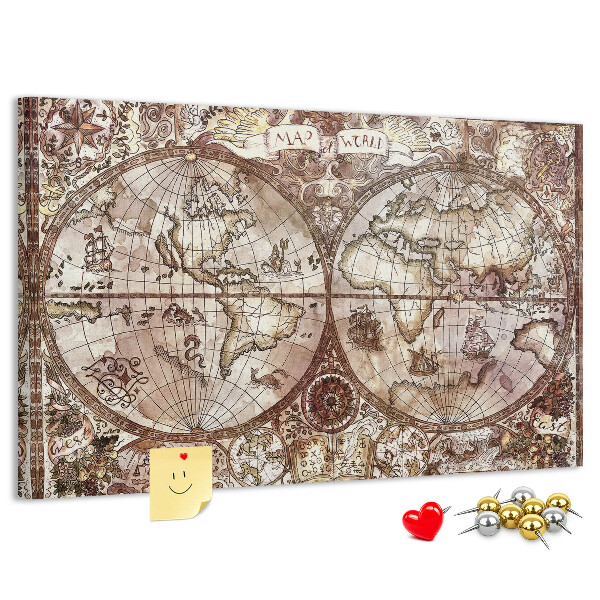 Tablero de anuncios mapa del mundo antiguo con motivos náuticos