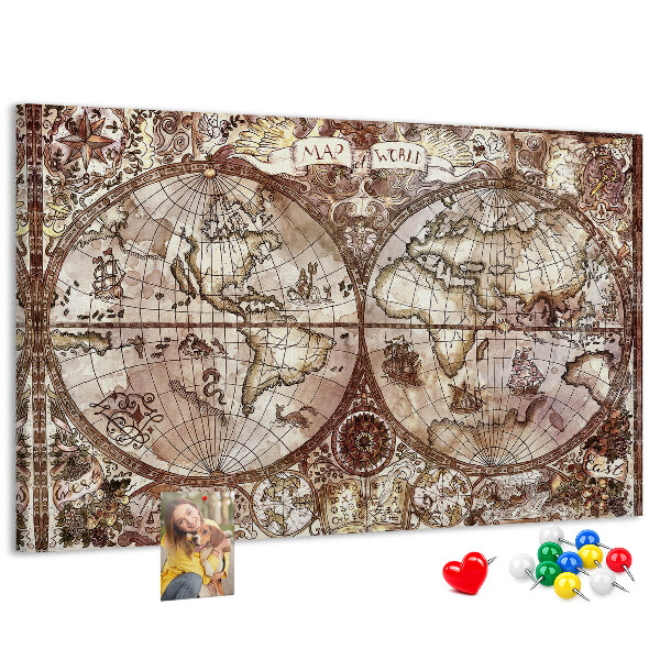 Tablero de anuncios mapa del mundo antiguo con motivos náuticos