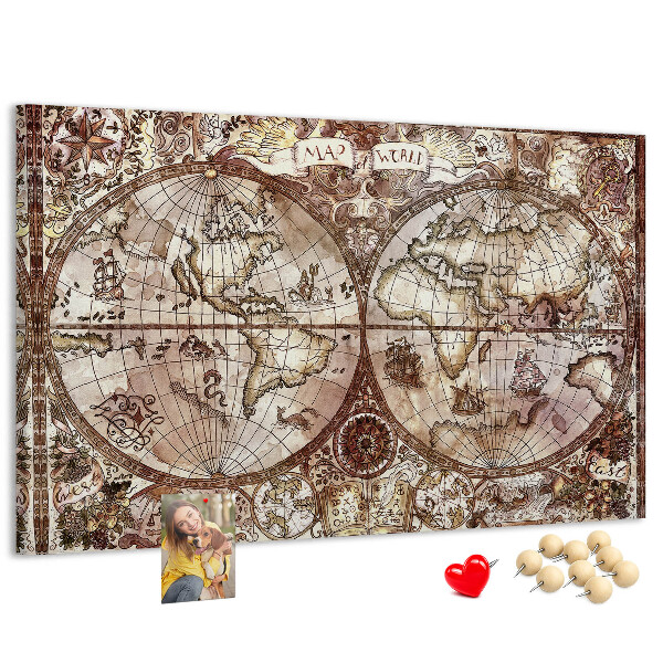 Tablero de anuncios mapa del mundo antiguo con motivos náuticos