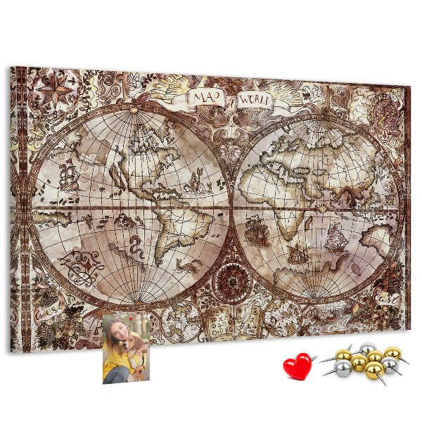 Tablero de anuncios mapa del mundo antiguo con motivos náuticos