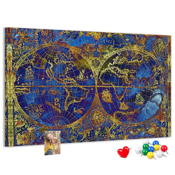 Pizarra de corcho con un diseño de mapa del mundo antiguo en colores intensos