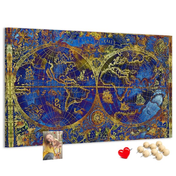 Pizarra de corcho con un diseño de mapa del mundo antiguo en colores intensos