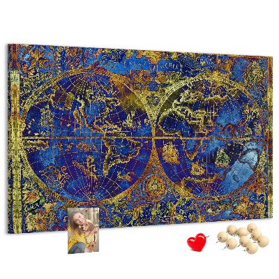Pizarra de corcho con un diseño de mapa del mundo antiguo en colores intensos