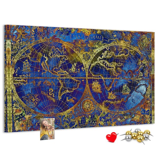 Pizarra de corcho con un diseño de mapa del mundo antiguo en colores intensos