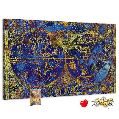 Pizarra de corcho con un diseño de mapa del mundo antiguo en colores intensos