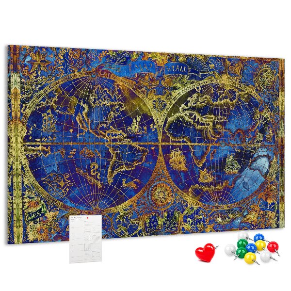 Pizarra de corcho con un diseño de mapa del mundo antiguo en colores intensos