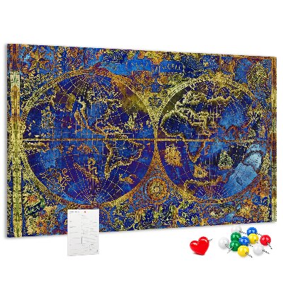 Pizarra de corcho con un diseño de mapa del mundo antiguo en colores intensos