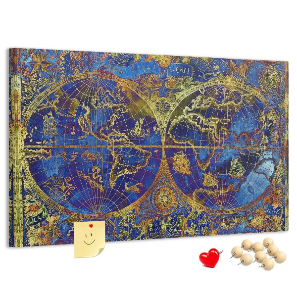 Pizarra de corcho con un diseño de mapa del mundo antiguo en colores intensos