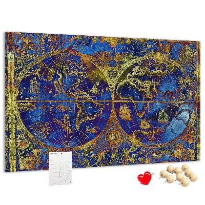 Pizarra de corcho con un diseño de mapa del mundo antiguo en colores intensos