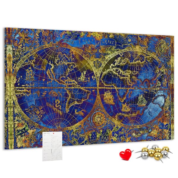 Pizarra de corcho con un diseño de mapa del mundo antiguo en colores intensos