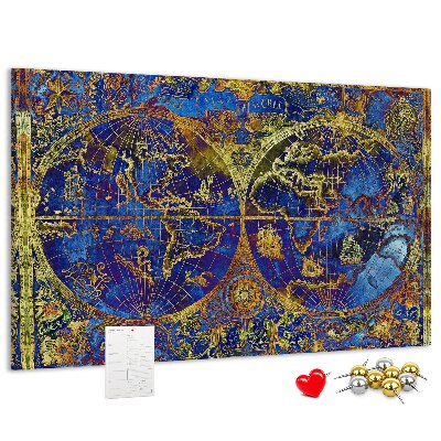 Pizarra de corcho con un diseño de mapa del mundo antiguo en colores intensos