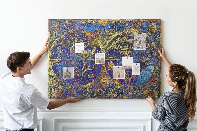 Pizarra de corcho con un diseño de mapa del mundo antiguo en colores intensos