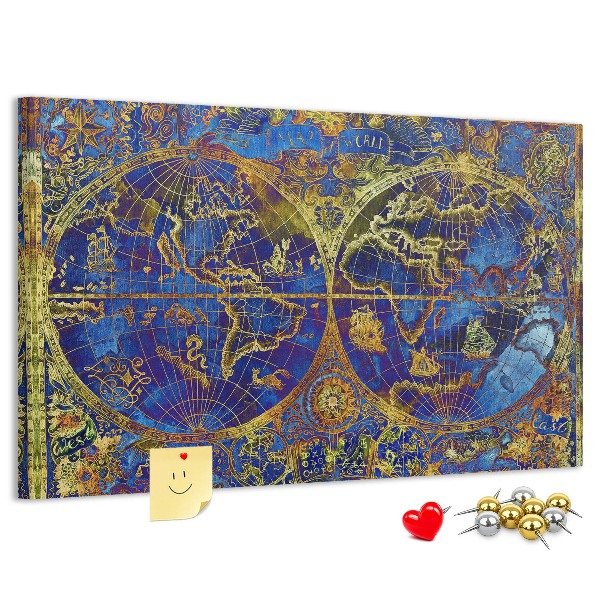 Pizarra de corcho con un diseño de mapa del mundo antiguo en colores intensos