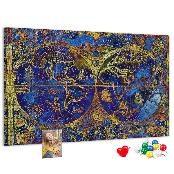 Pizarra de corcho con un diseño de mapa del mundo antiguo en colores intensos