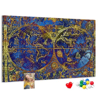 Pizarra de corcho con un diseño de mapa del mundo antiguo en colores intensos