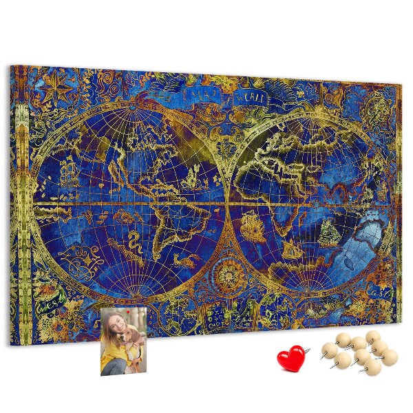 Pizarra de corcho con un diseño de mapa del mundo antiguo en colores intensos