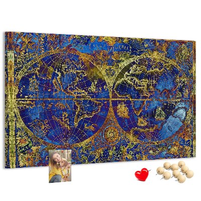 Pizarra de corcho con un diseño de mapa del mundo antiguo en colores intensos