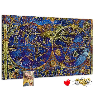 Pizarra de corcho con un diseño de mapa del mundo antiguo en colores intensos