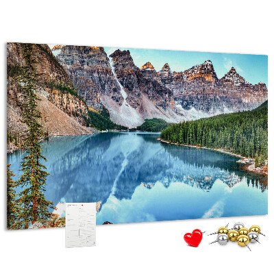 Tablero de corcho decorativo paisaje de montaña reflejado en el lago