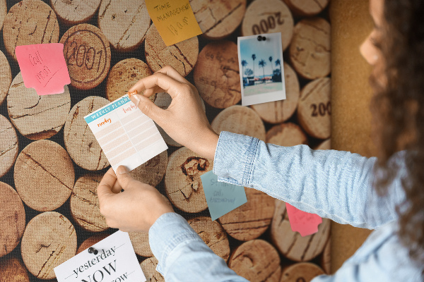 Tablero de anuncios de corcho natural en una variedad de tonalidades