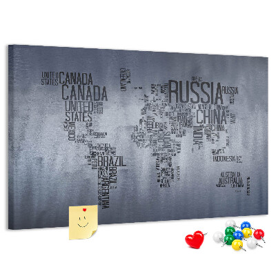 Pizarra de corcho Mapa del mundo con los nombres de los países.