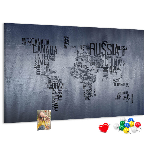 Pizarra de corcho mapamundi con los nombres de los países