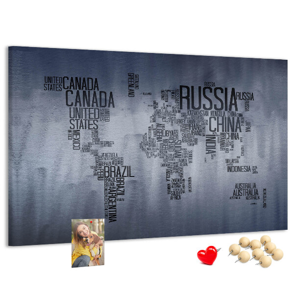 Pizarra de corcho mapamundi con los nombres de los países