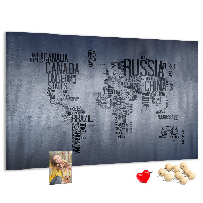 Pizarra de corcho mapamundi con los nombres de los países