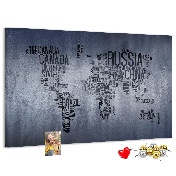 Pizarra de corcho mapamundi con los nombres de los países