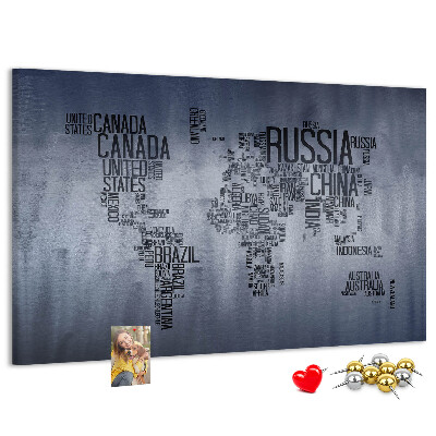 Pizarra de corcho mapamundi con los nombres de los países