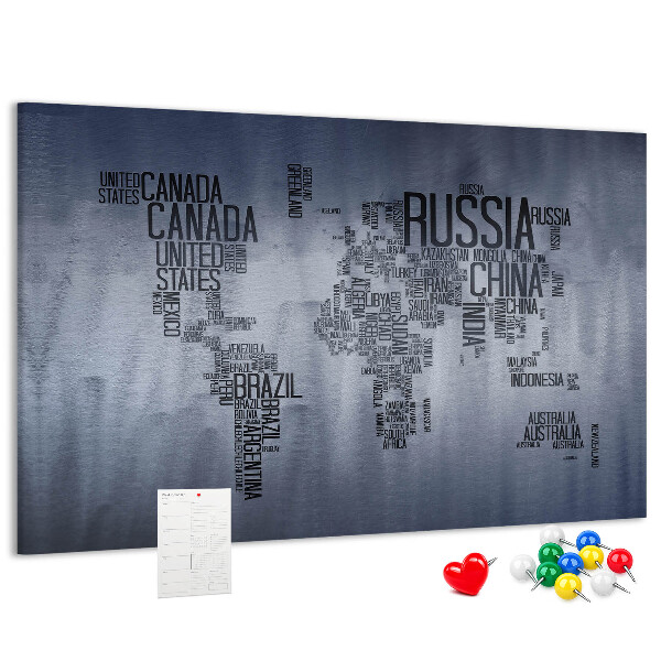 Pizarra de corcho mapamundi con los nombres de los países