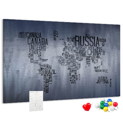 Pizarra de corcho mapamundi con los nombres de los países
