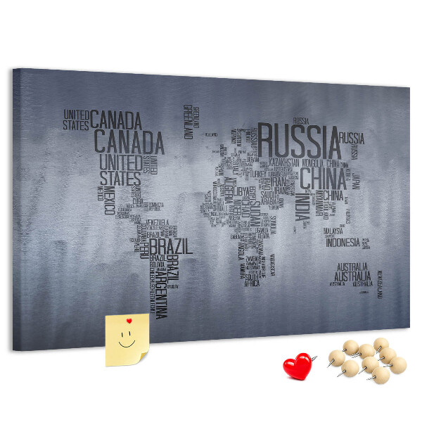 Pizarra de corcho mapamundi con los nombres de los países