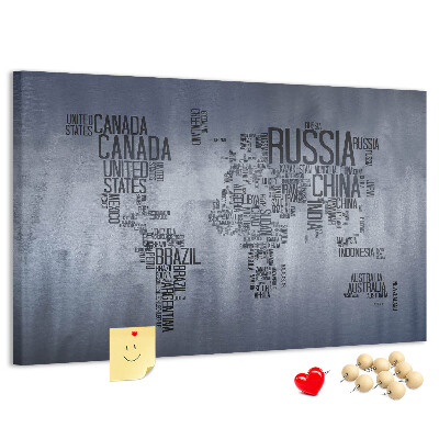 Pizarra de corcho mapamundi con los nombres de los países