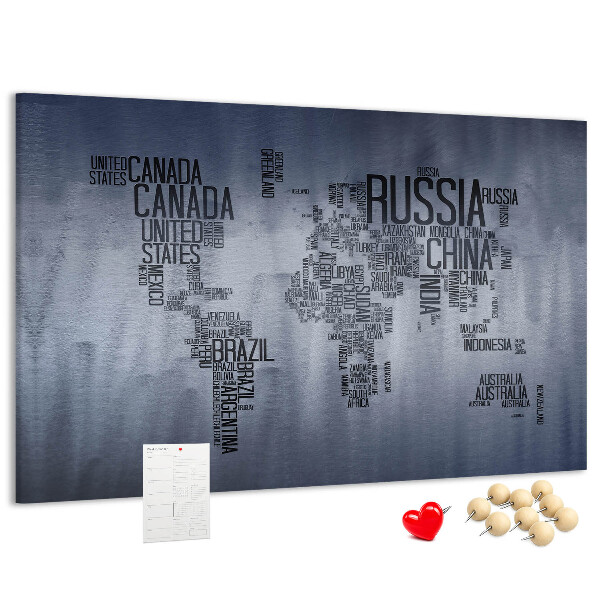 Pizarra de corcho mapamundi con los nombres de los países