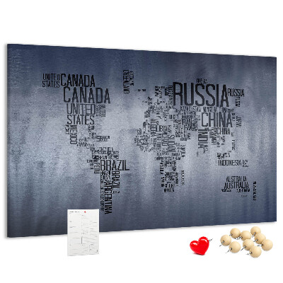 Pizarra de corcho mapamundi con los nombres de los países