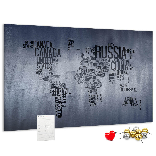 Pizarra de corcho mapamundi con los nombres de los países