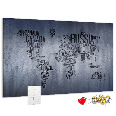 Pizarra de corcho mapamundi con los nombres de los países