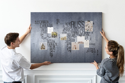Pizarra de corcho mapamundi con los nombres de los países