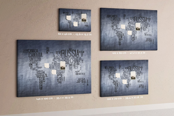 Pizarra de corcho mapamundi con los nombres de los países