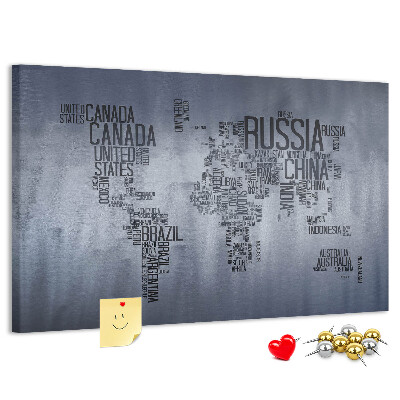 Pizarra de corcho mapamundi con los nombres de los países