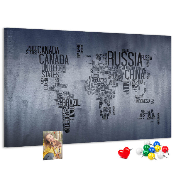 Pizarra de corcho mapamundi con los nombres de los países